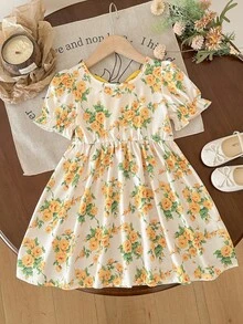 2-7岁女童法式碎花连衣裙，露背设计，配黄色大蝴蝶结，泡泡袖公主裙，荷叶边下摆，儿童节日连衣裙 - 彩色 - 查看 3