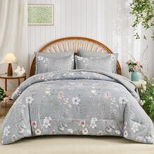 7 Pieces Queen King Size Comforter Set, Grey Botanical Floral Bedding Comforter Sets, Lightweight Microfiber Comforter Set With Sheets Pillowcases & Shams,Wedding Items,Valentines Day Home Bed Room Decor,Easter Gifts,All Season - 灰色-1331 - 查看 1