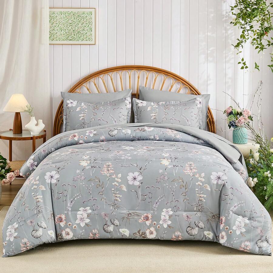 7 Pieces Queen King Size Comforter Set, Grey Botanical Floral Bedding Comforter Sets, Lightweight Microfiber Comforter Set With Sheets Pillowcases & Shams,Wedding Items,Valentines Day Home Bed Room Decor,Easter Gifts,All Season - Xám-1331 - Xem 1