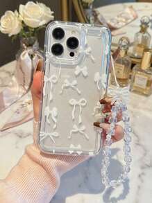 白色波尔卡圆点蝴蝶结设计防震手机壳，配有时尚挂绳，适用于 Apple 17 Pro Max、11、12、13、14、15 Pro Max/13 Pro Max、XR、XS、16 和 Galaxy A54 5G、A52、A14、A15、A12、S22、S21、S24、S25、S25 Ultra、S21 Ultra、A55 5G、A71 4G、A34 5G、A22、A13 4G、A05S 等 - 白色 - 查看 2