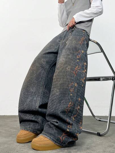 1 buc. Justice Brother, blugi bărbătești cu imprimeu digital, croială lejeră, cu picior larg, pantaloni casual (curea și accesoriile nu sunt incluse)