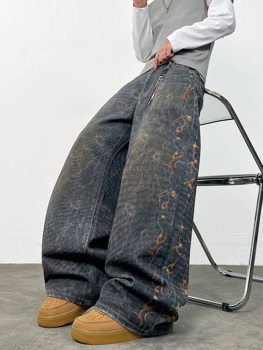 1pc Justice Brother American Streetwear Brand Digital Print Men's Loose Fit Wide Leg Jeans, Casual Pants (Belt And Accessories Not Included) - 黑色 - 查看 1