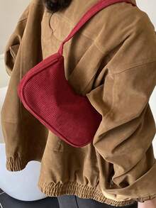 1 chiếc túi đeo vai bằng vải nhung kẻ màu trơn có khóa kéo, phụ kiện hoàn hảo cho trang phục mùa thu của nữ, lý tưởng cho ngày Valentine. - Màu Đỏ Sâu - Xem 7