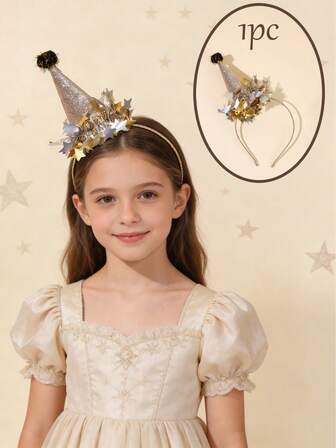 1pc Champagne Party Hat Headband For Girls Star Shaped Tinsel Hairband Party Headdress Shiny Birthday Party Hair Hoop Delicate Hat Shaped Headwear Teens Hair Accessory