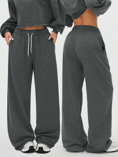 Women's Single Pocket Slit Hem Sports Sweatpants, Suitable For Outdoor Casual Sports, Gym Workout, Running, Collegiate Style, Elastic Straight Leg Pants, Autumn/Winter