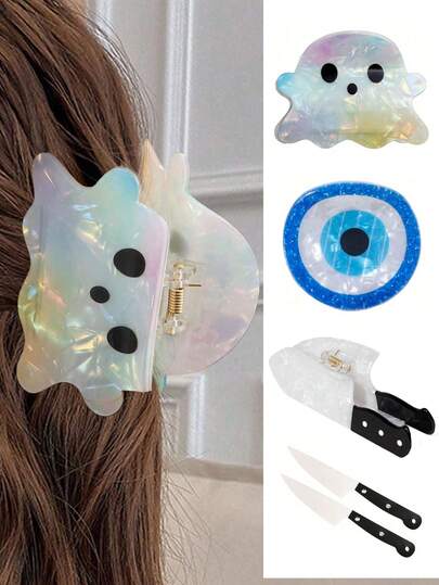 Funny Claw Clip Set, Printed Acetate-Like Personalized Claw Clips Hair Accessories With Blue Eyes, Creative Elegant Unique, Sweet & Cool Black White Splice Faux Hair Clips, Photo Props Hair Clips