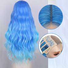 Cosplau Wig Blue Wig Long Wave Hair Wig With 4*1 Small Lace Front Wig Middle Part Synthetic Hair Wig For Cosplay, Party - Blue - View 5