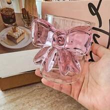 Elegant Pink Bow Design Borosilicate Glass Cup - Heat-Resistant, Reusable Cold Drink Cup, Suitable For Tea, Coffee, Smoothie | Suitable For Graduation, Birthday Celebration - 彩色 - 查看 6