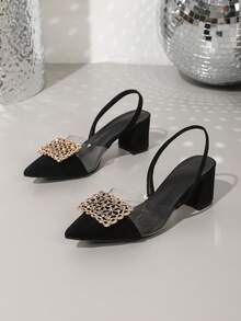 Spring New Fashion Women's Pointed Toe Wedding High Heels, Thick Heel With Rhinestone Buckle Strap Casual Comfortable Shoes