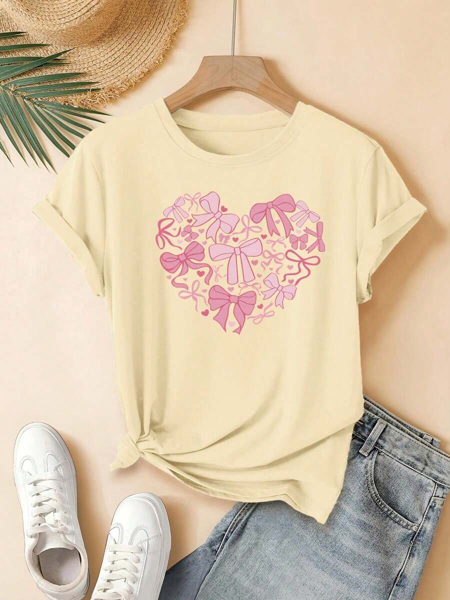 2026 Summer New Style, Heart-Shaped Pink Bow Pattern Spring Summer Elegant Fashion Casual Korean  T-Shirt Top - 杏色 - 查看 1