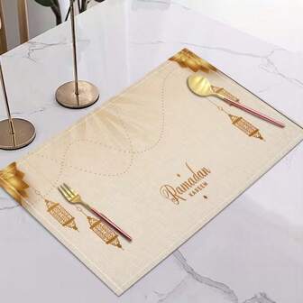 4pcs Ramadan Theme Placemats, Decorated With Lanterns And Geometric Patterns. Suitable For Gatherings, Dining And Holiday Decorations. Size: 30x45cm, Applicable For Home Decor, Holiday Table Decor, Farmhouse Holiday Decor, Farmhouse Style Decor, Washable Pad Holiday Table Decor And Home Entertainment.