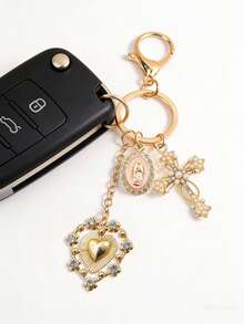 Christian Amulet Keychain,Elegant Golden Cross Keyring With Heart & Faux Pearl Designcolorful Virgin Mary Decoration Pendant, Sparkling Diamond Amulet - Cross Keychain, Bag Amulet, Cross Pendant, Decorative Wallet Backpack Accessories, Headphone Bag Accessories, Luggage And Car Ring Buckle Decoration Keychain, Suitable As Holiday Gift, Valentine'S Day Gift - Multicolor - View 8