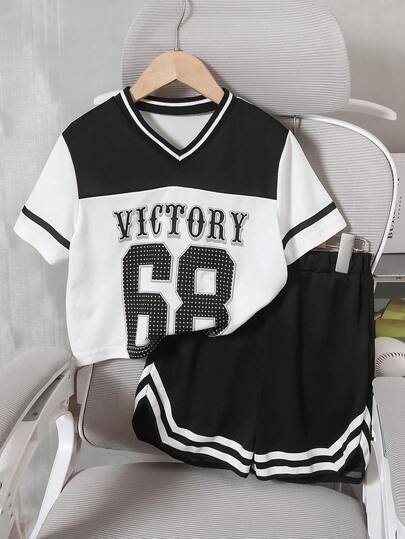 2pcs/Set Tween Girls Letter Print V-Neck Short Sleeve T-Shirt And Shorts, Casual Summer Outfit