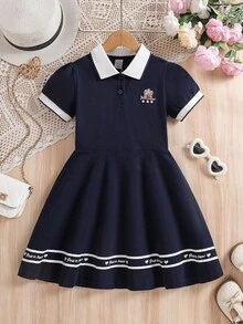 女童 Polo 领小熊刺绣短袖连衣裙，夏季 - 藏蓝色 - 查看 1