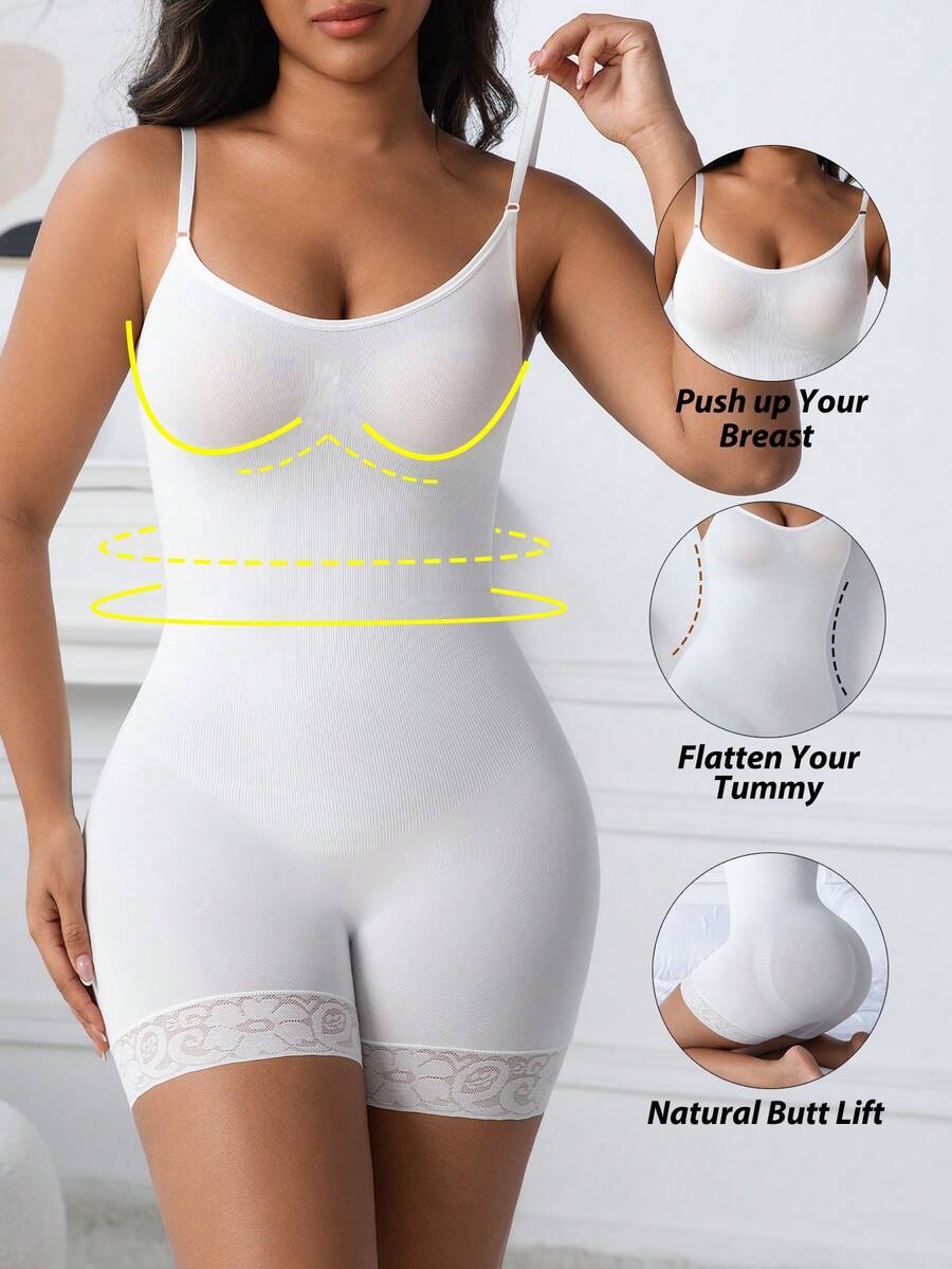 1pc Women Seamless Lace Shapewear Jumpsuit With Spaghetti Straps, Tummy Control, Bust Lift, Butt Lift - White - View 1