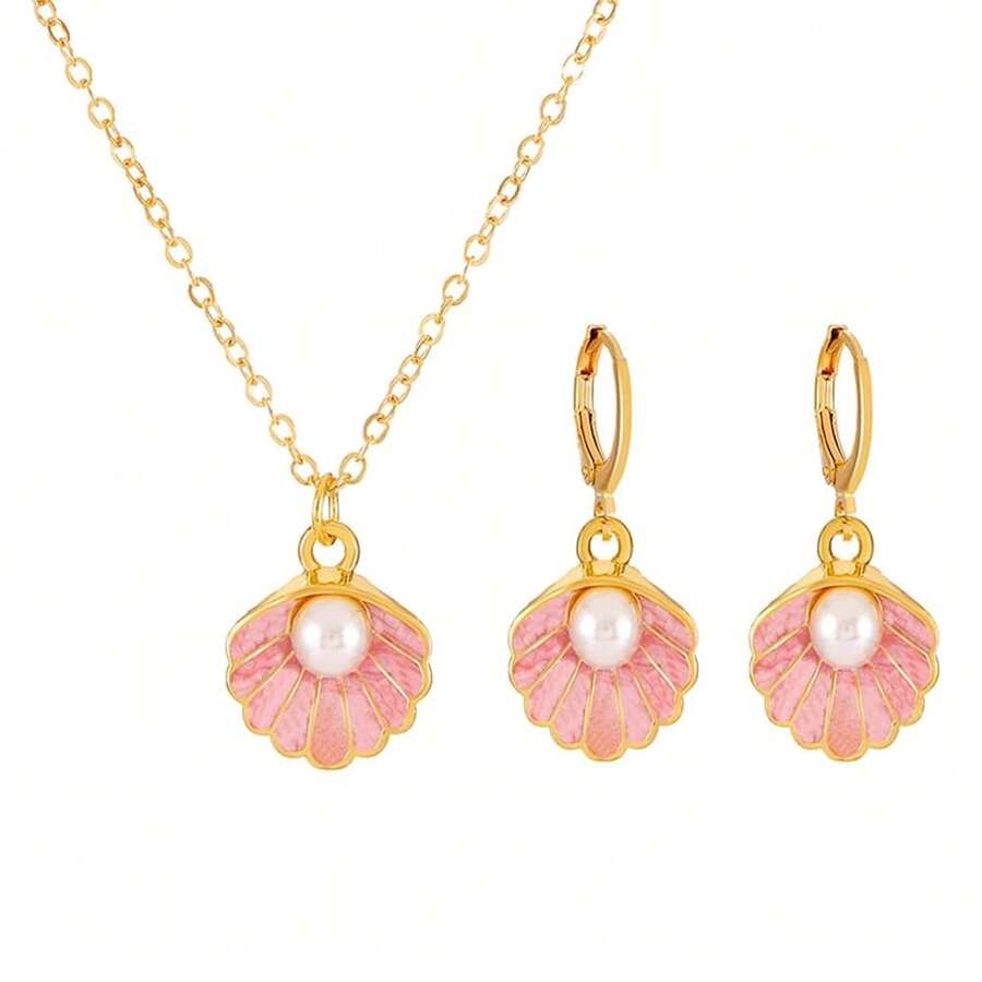 Seashell Pearl Pendant Necklace Gold Plated Boho Enamel Pink Blue Scallop Sea Shell Starfish Ocean Animal Chain Necklace For Women Hawaiian Summer Beach Holiday Fashion Jewelry Gifts - 粉色首飾套裝 - 查看 1