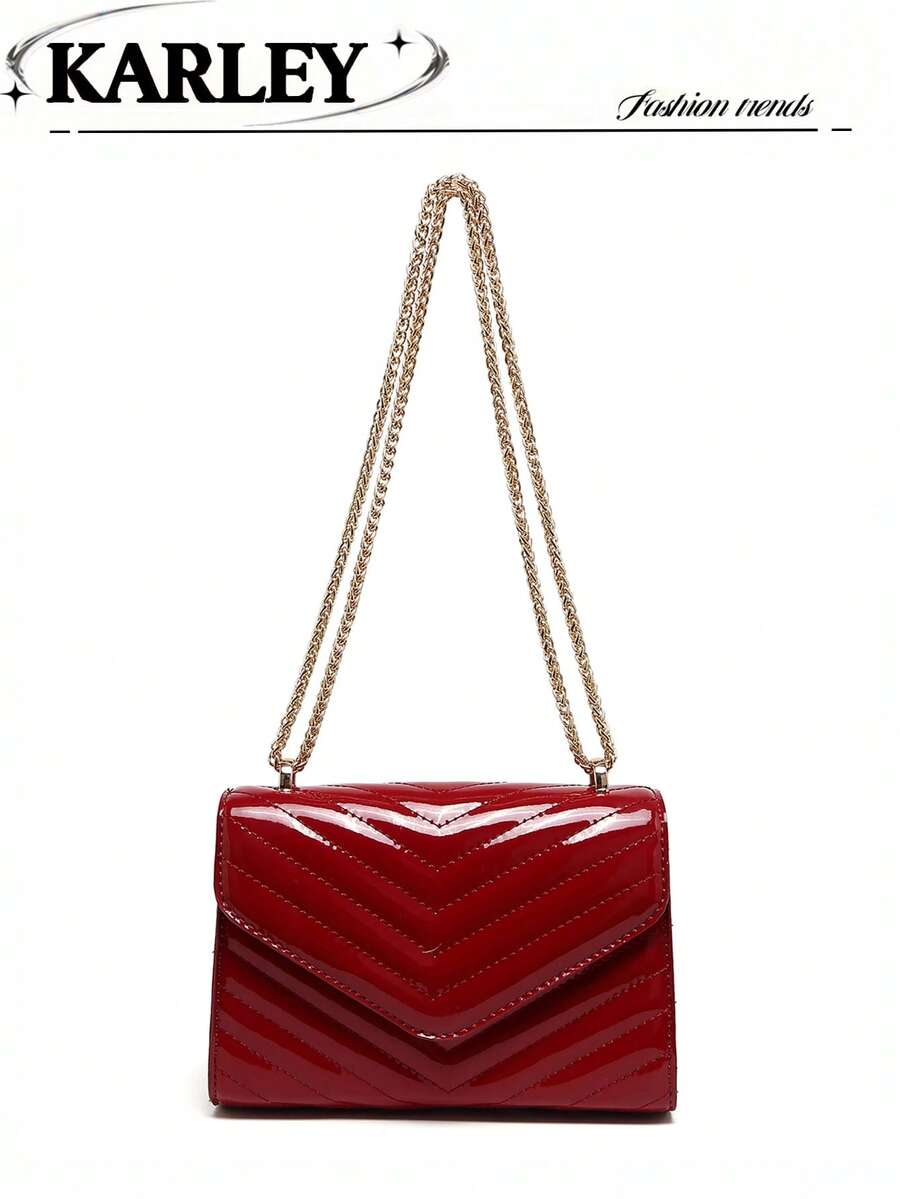 Bolsa Quadrada Pequena de Couro Envernizado Vermelho, Bolsa Transversal de Ombro com Corrente da Moda Feminina, Bolsa Quadrada Pequena Elegante e Versátil com Design de Alça de Corrente Dourada