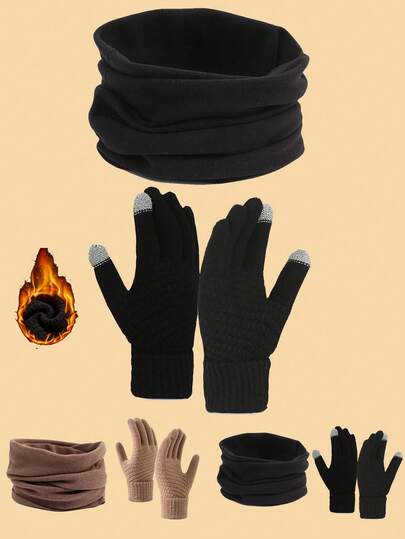 3-delars vinter vindtät varm halsduk och handskeset: Snyggt enfärgat termofodrat set med stickade vantar och tysk sammetshalsduk