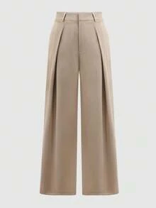 SMILE CHIC 女士夏季褶皱阔腿休闲高腰裤，适合约会、通勤，轻盈透气面料，百搭日常穿着，适合各种体型（不含腰带）春季 - 卡其色 - 查看 4