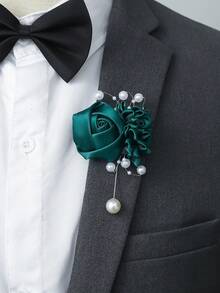 1枚男女通用优雅山茶花胸针，带珠饰，适合新郎、新娘、婚礼、舞会、派对、宴会装饰 - 墨綠色 - 查看 1