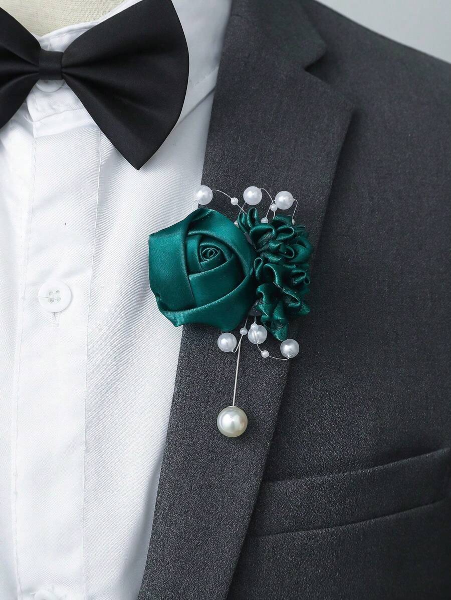 1枚男女通用优雅山茶花胸针，带珠饰，适合新郎、新娘、婚礼、舞会、派对、宴会装饰 - 墨綠色 - 查看 1