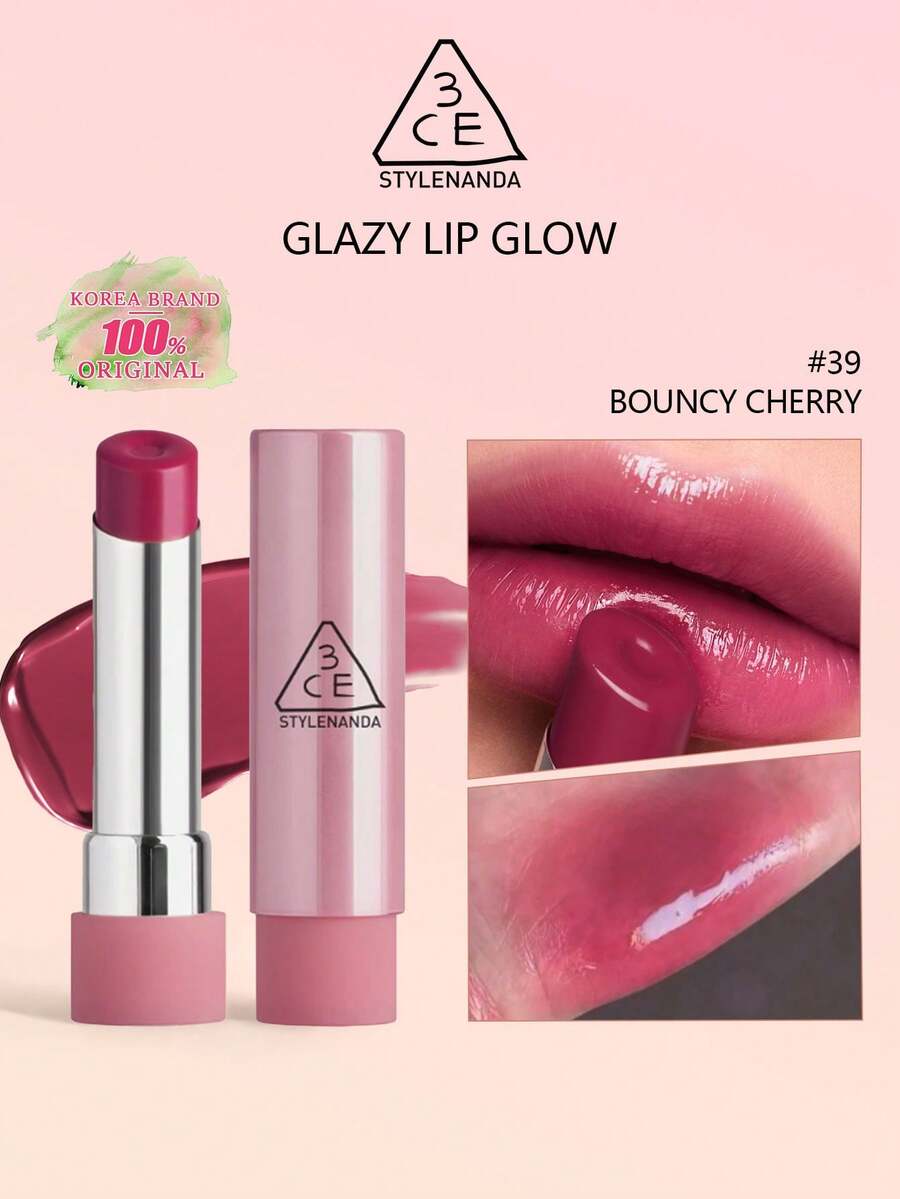 3CE Son bóng dưỡng ẩm GSlouchy Lip Glow 39 Bouncy C SN, công thức cấp ẩm và làm sáng da, không bết dính, tạo lớp trang điểm môi căng mọng, chăm sóc môi hàng ngày, sản phẩm thiết yếu của K-Beauty, 3.2g/0.11oz