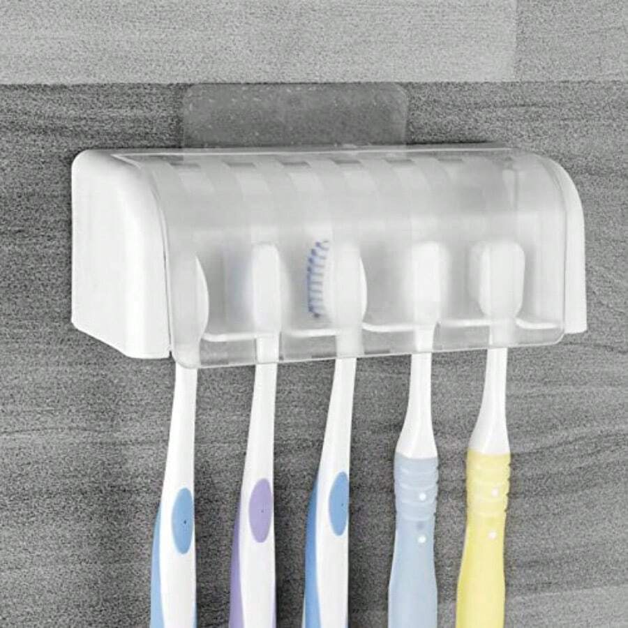 5 Slots Wall Mount Toothbrush Holder With Cover Self Adhesive Toothbrush Storage Organizer For Shower Toothbrush Hanger With Automatic Toothpaste Squeezer Dispenser - White 1 Pack - 查看 1