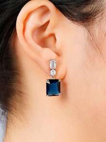 1 Pair Women's Luxury Blue Zirconia Earrings, Elegant Design, Perfect For Daily Wear, Parties,Anniversary Valentine's Day Gift(No Box) - Earrings - View 2