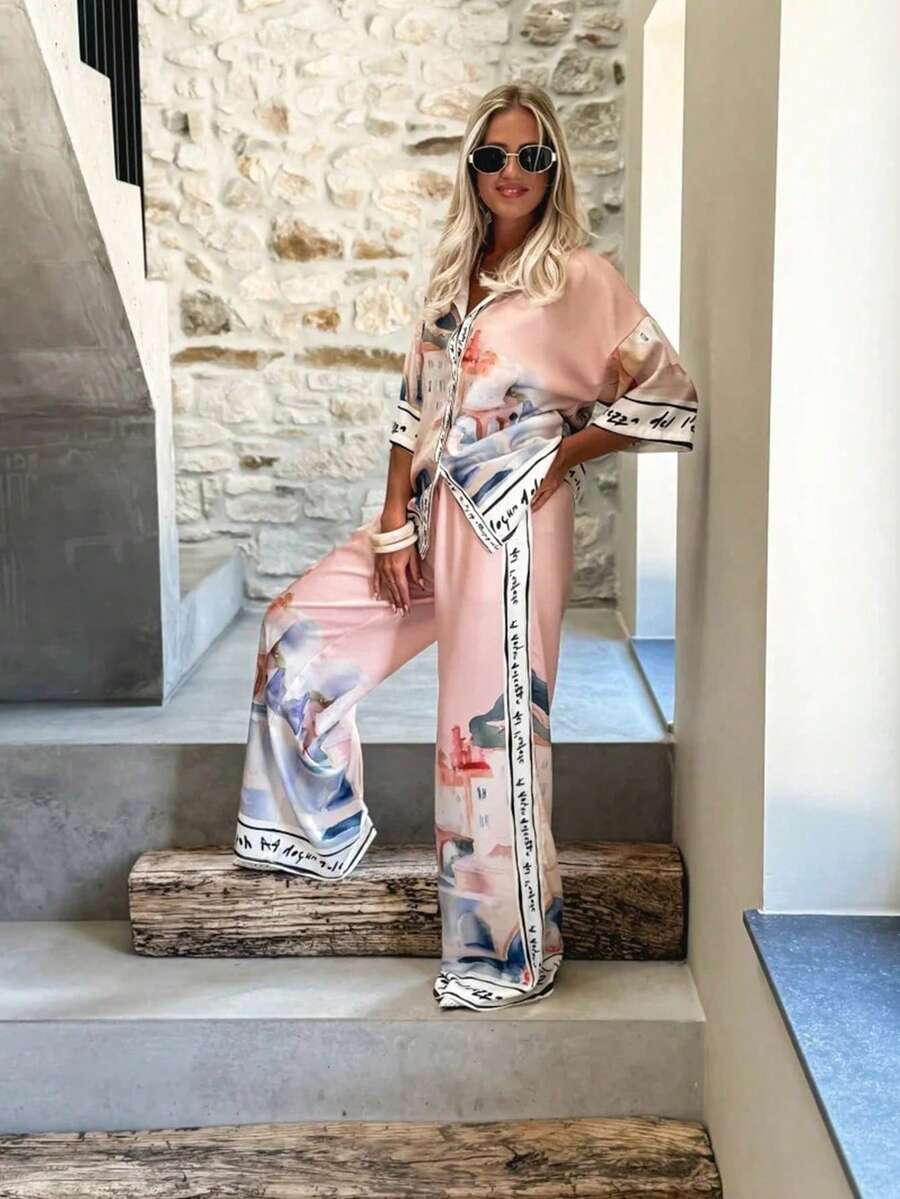 2件套：城市印花衬衫配装饰边和阔腿裤，时尚风格 - 粉色 - 查看 1