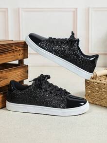 优雅时尚的女鞋，PU皮革材质，饰以闪亮亮片，非常适合新年庆祝活动、情人节礼物，男女通用尺码，百搭运动鞋。 - 黑色 - 查看 6