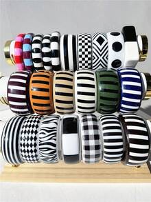 极简复古黑白条纹格子树脂手链，几何宽幅拼接手链 - 彩色 - 查看 1