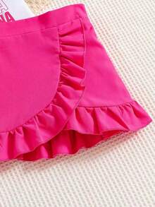 小女孩卡通印花T恤和荷叶边短裙可爱两件套 - 玫紅色 - 查看 4
