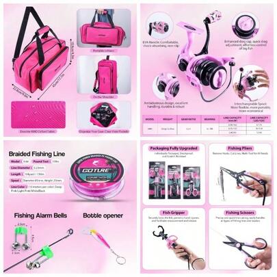 Pink Fishing Rod Bag Complete Combo Kit, Ripple Spinning Reel, Tackle Set Accessories
