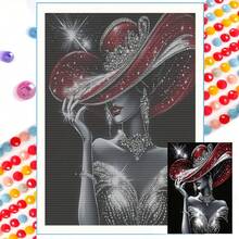 1 Set Exquisito Kit de Pintura de Diamantes 5D - Dama Elegante con Sombrero Rojo y Vestido, Incrustado con Diamantes Acrílicos Redondos Brillantes, Artesanía de Diamantes Completa, Decoración de Pared sin Marco, Adecuado para Sala de Estar, Dormitorio, Oficina - Regalo Ideal para Fiestas, Nuevo Set de Pintura de Diamantes, Marco no Incluido, Múltiples Tamaños Disponibles - Multicolor - Ver 1