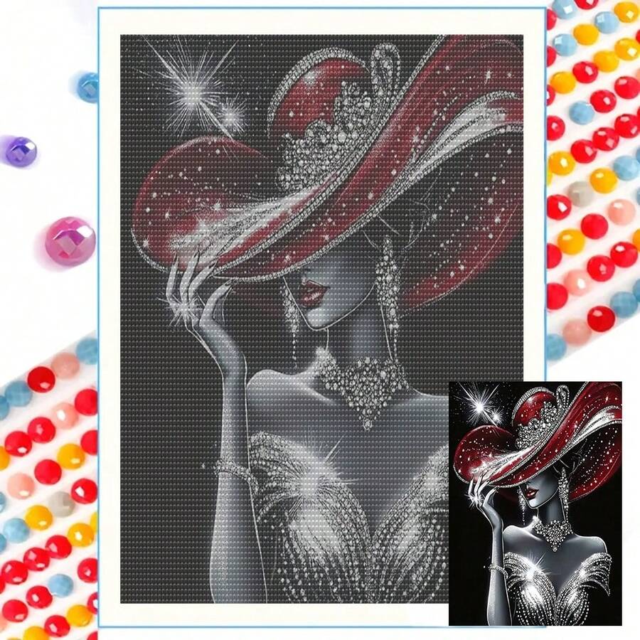 1 Set Exquisito Kit de Pintura de Diamantes 5D - Dama Elegante con Sombrero Rojo y Vestido, Incrustado con Diamantes Acrílicos Redondos Brillantes, Artesanía de Diamantes Completa, Decoración de Pared sin Marco, Adecuado para Sala de Estar, Dormitorio, Oficina - Regalo Ideal para Fiestas, Nuevo Set de Pintura de Diamantes, Marco no Incluido, Múltiples Tamaños Disponibles - Multicolor - Ver 1