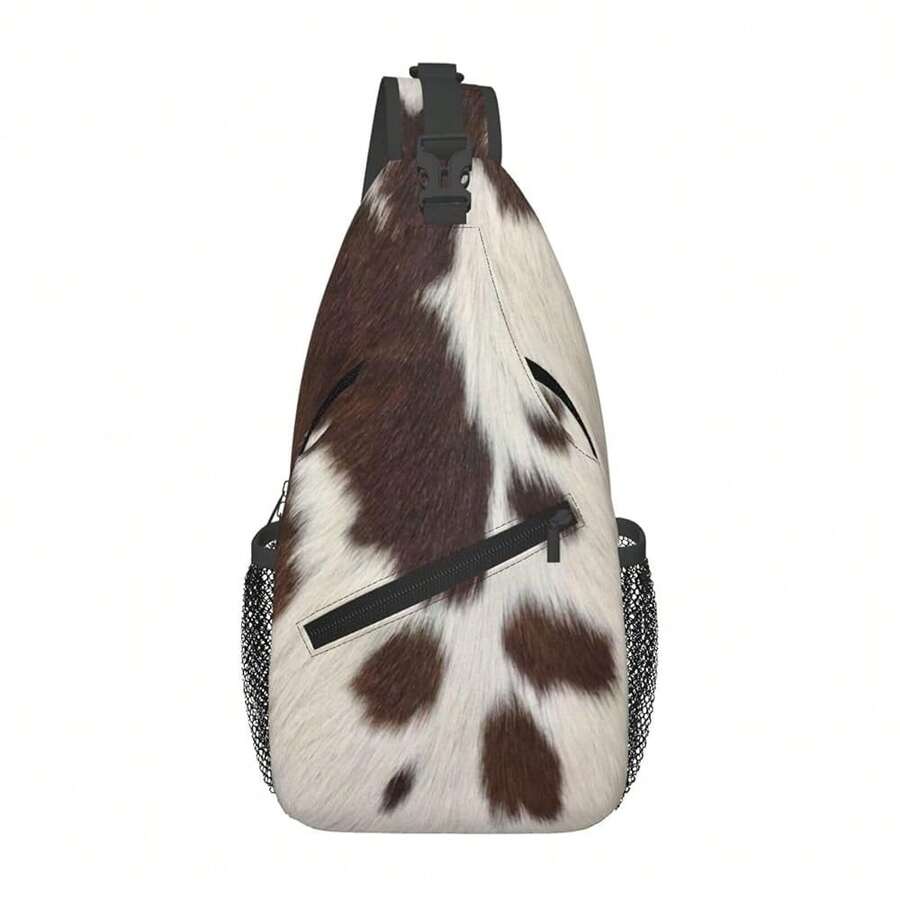 Cow Print Sling Bag For Women Crossbody Bag Brown White Cow Fur Texture Animal Skin Print Sling Backpack For Men Cute Farmhouse Cowhide Pattern Shoulder Bag Sports Travel HiFKing Daypack - 棕色 - 查看 1
