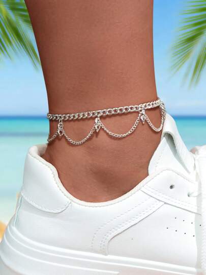 1 Pc Minimalist Foot Jewelry Silver Chain Tassel Anklet Beach Vacation Accessories