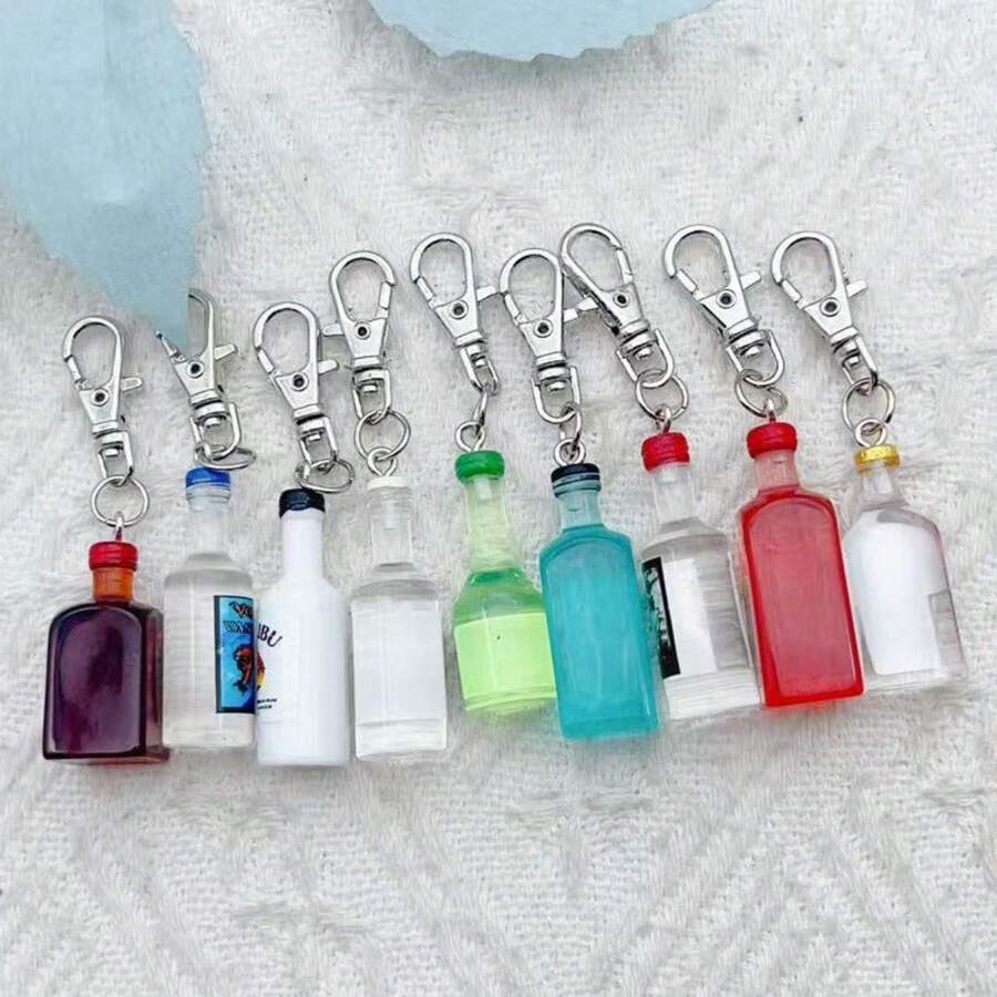 10 móc khóa hình chai bia bằng nhựa màu trơn, kiểu dáng giản dị - Móc khóa mini hình chai bia nhiều màu sắc với vòng kim loại, thích hợp làm phụ kiện trang trí túi xách nữ, điện thoại, hoặc tự làm đồ thủ công. - Nhiều màu - Xem 1
