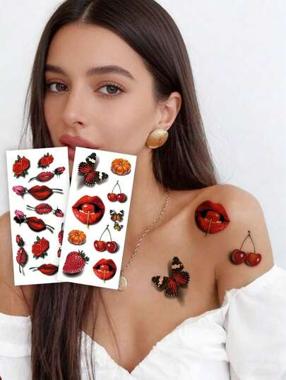 2 Sheets Body Art Temporary Tattoo Stickers For Women, Red Sexy Lip Print Strawberry Cherry Butterfly Rose Pattern, Waterproof Fake Tattoo, Lasts 2-5 Days, Covers Scars, Can Be Used On Arms, Wrists, Shoulders, Legs, Waist, Neck, Hands, Chest, Thighs