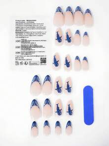 INS Style Light Blue Polka Dot Oval Press-On Nails, Black Dot Graffiti Fake Nail Set, Fresh And Gentle Commuter Nails - Multicolor - View 3