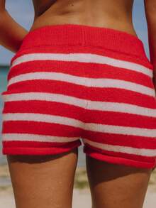 Women Striped Knit Micro Shorts Fold Over Elastic Waist Slim Fit Mini Bottom Y2k Lounge Sweater Shorts - Red - View 3