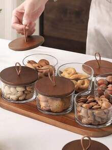 一套带盖玻璃水果托盘，日式风格，适合盛放干果/坚果/茶叶/咖啡豆/水果/零食，适用于客厅/餐厅/办公室/咖啡厅/餐馆 - 棕色 - 查看 4