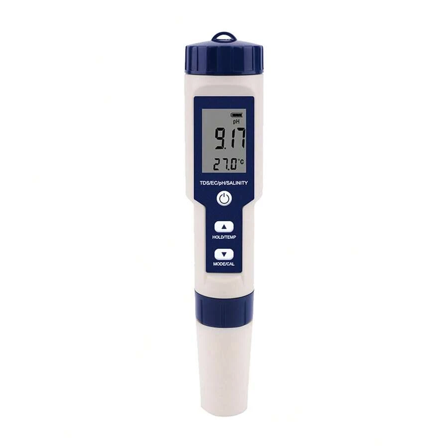 5 in 1 Water Quality Tester Digital Meter Water Quality Analyzer Detector PH/ TDS/ EC/ Temperature/ Salinity Testing IP67 Water Resistance Backlight Display - Azul - Ver 1