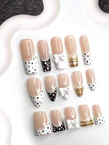 10pcs Gentle, Pure & Charming Nail Stickers, Acrylic Material, White 3D Bow Nail Accessories, White Lace Edge Design, Brown & White Polka Dots, Yellow & Brown Striped Nail Decor, Fresh & Elegant Style, White & Brown Nail Polish, Includes Nail Tools (1 Jelly Sticker + 1 Nail File), 3 Size Options Nails Nail Supplies Handmade Press On Nails - Multicolor - View 1