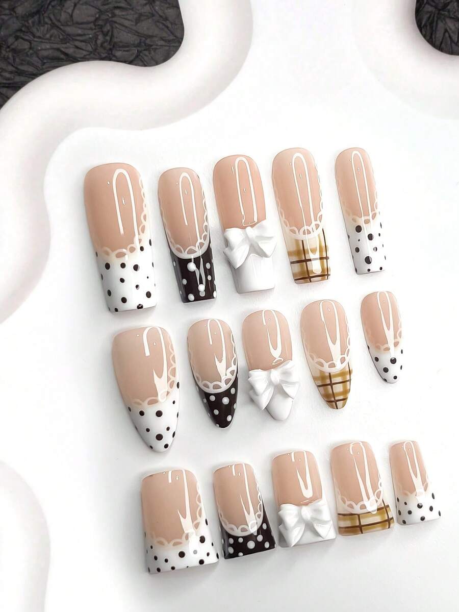 10pcs Gentle, Pure & Charming Nail Stickers, Acrylic Material, White 3D Bow Nail Accessories, White Lace Edge Design, Brown & White Polka Dots, Yellow & Brown Striped Nail Decor, Fresh & Elegant Style, White & Brown Nail Polish, Includes Nail Tools (1 Jelly Sticker + 1 Nail File), 3 Size Options Nails Nail Supplies Handmade Press On Nails - Multicolor - View 1