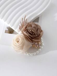 1pc Women's Wrist Corsage, Bridesmaid, Bride, Wedding Party, Faux Green Rose & Sunflower Wrist Flower Bracelet, Prom, Party, Wedding Accessory