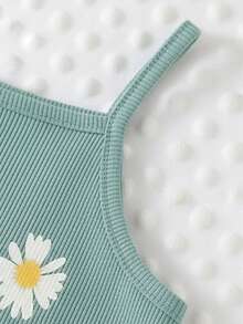 1 Set Baby Girls' Fresh & Cute Daisy Print Camisole Outfit, Lightweight Ribbed Texture Double Ruffle Hem Pants Skirt 2-Piece Set, Soft & Sweet Casual Outfit For Summer - Mint Green - View 4