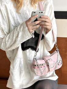 1pc PU Leather Women's Handbag, Y2K Babe Bag, Versatile Star Bag, Crescent Bag Sweet Cool Girl Bag, Black & Red Contrast Chain Shoulder/Underarm Bag, Y2K Chic Star Chain Crossbody Bag, Street Style Party Gift For Women - 粉色 - 查看 3