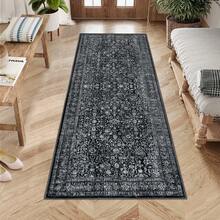 Boho Print Washable Rugs Non Slip Low Pile Vintage Floral Traditional Carpet For Living Room Bedroom Kitchen Dining, Black - 黑色 - 查看 2