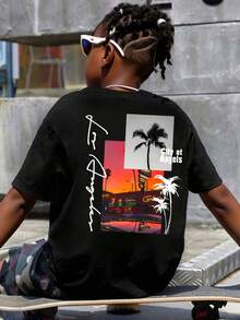 男童休闲热带印花短袖T恤，夏季 - 黑色 - 查看 1